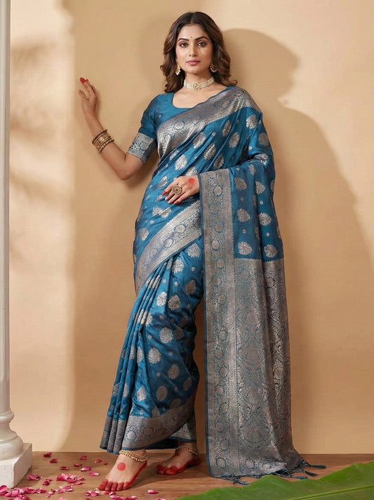 Sutriti Steel Blue Soft Silk Saree with Silver Zari Floral Motifs