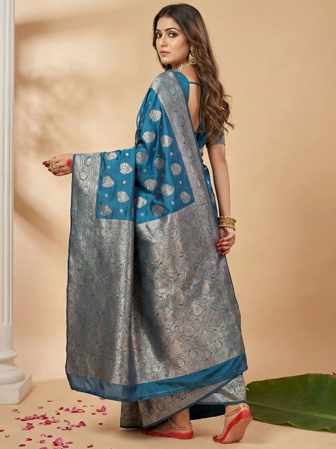 Sutriti Steel Blue Soft Silk Saree with Silver Zari Floral Motifs