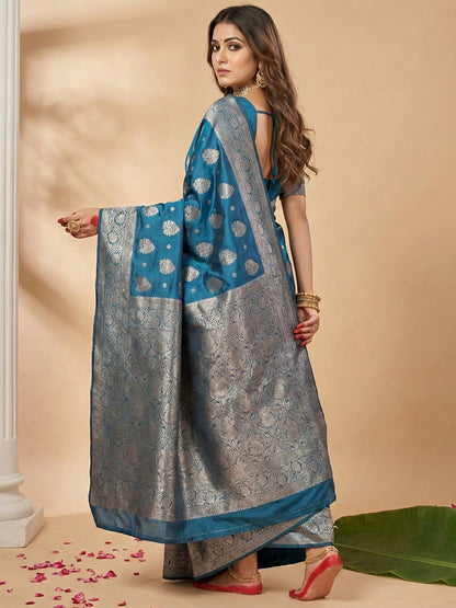 Sutriti Steel Blue Soft Silk Saree with Silver Zari Floral Motifs
