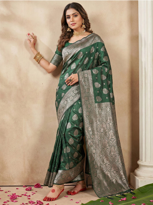 Sutriti Forest Green Woven Soft Silk Saree with Rich Silver Zari