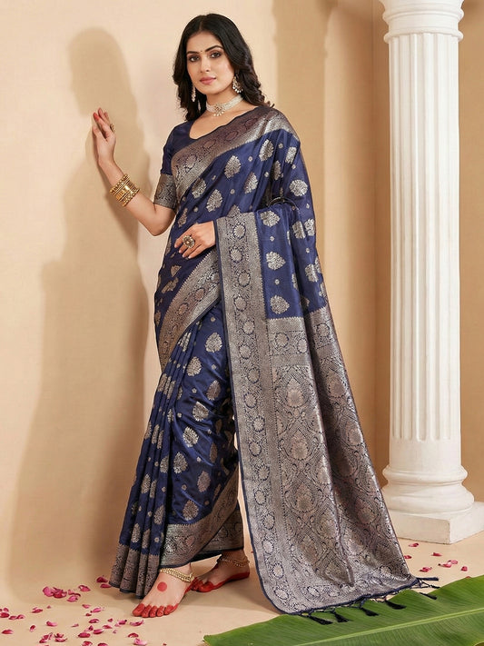 Sutriti Deep Navy Blue Soft Silk Saree with Silver Zari Pallu