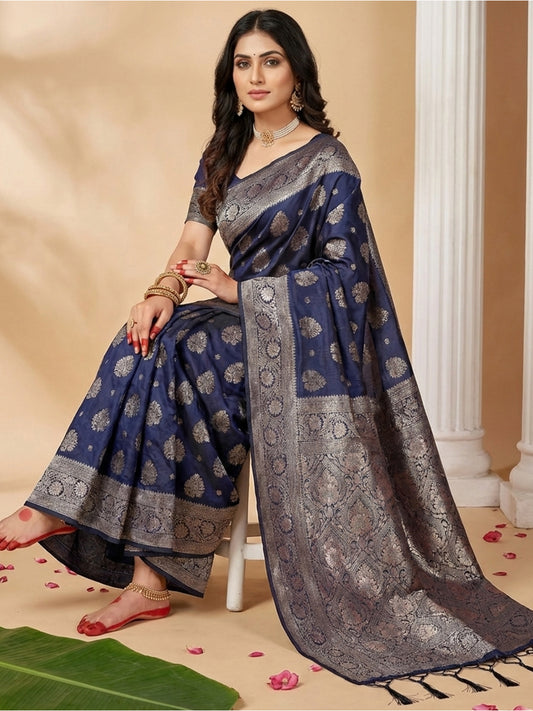 Sutriti Deep Navy Blue Soft Silk Saree with Silver Zari Pallu