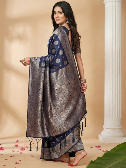 Sutriti Deep Navy Blue Soft Silk Saree with Silver Zari Pallu