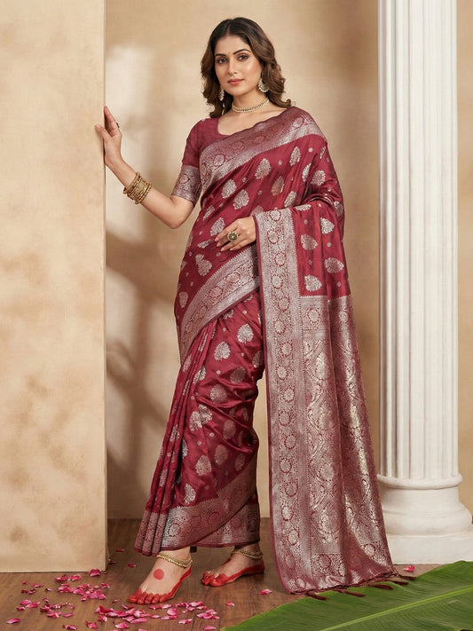 Sutriti Deep Burgundy Maroon Soft Silk Saree for Wedding Wear