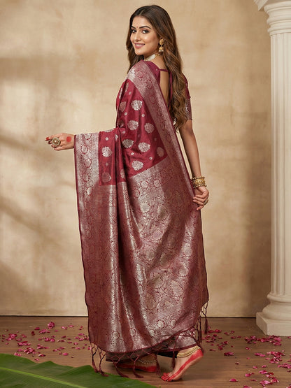 Sutriti Deep Burgundy Maroon Soft Silk Saree for Wedding Wear