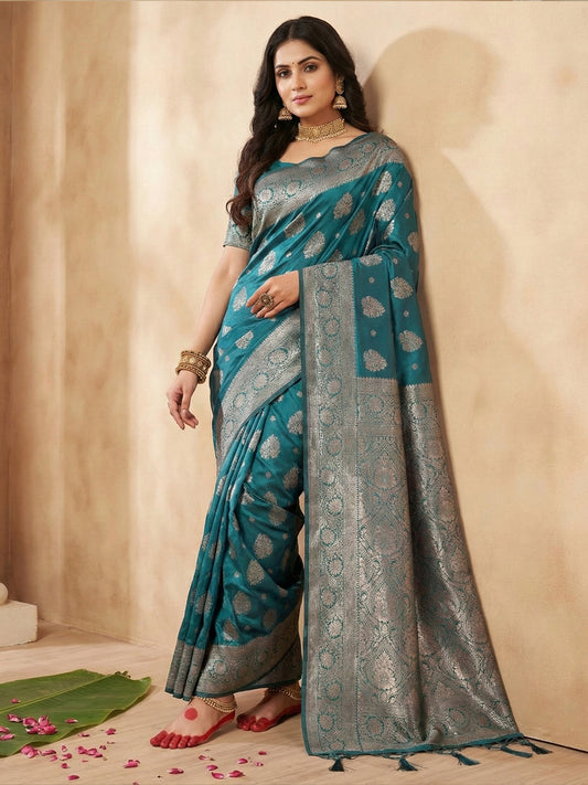 Sutriti Peacock Teal Green Soft Silk Saree with Zari Weaving