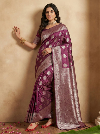 Sutriti Magenta Wine Soft Silk Saree with Silver Zari Details