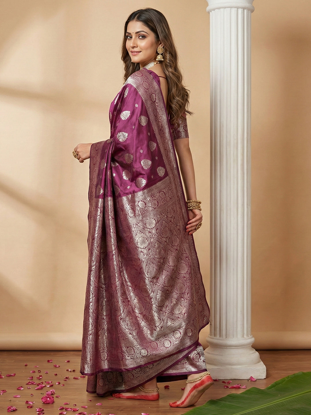 Sutriti Magenta Wine Soft Silk Saree with Silver Zari Details