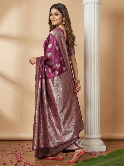 Sutriti Magenta Wine Soft Silk Saree with Silver Zari Details