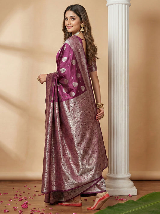 Sutriti Magenta Wine Soft Silk Saree with Silver Zari Details
