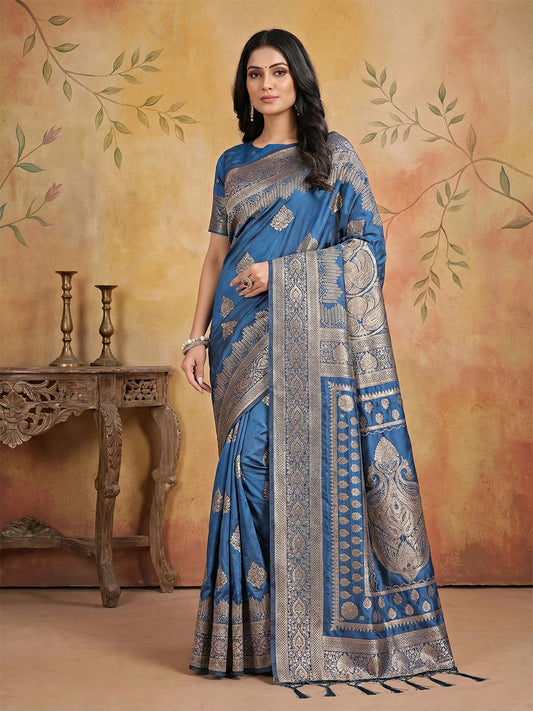 Sutriti Steel Blue Zari Woven Saree with Rich Border & Heavy Pallu | Festive & Wedding Wear