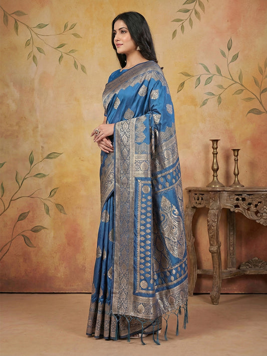 Sutriti Steel Blue Zari Woven Saree with Rich Border & Heavy Pallu | Festive & Wedding Wear