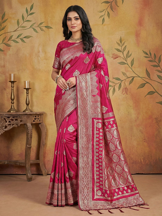 Sutriti Rani Pink Zari Woven Saree with Rich Border & Heavy Pallu | Wedding & Party Wear