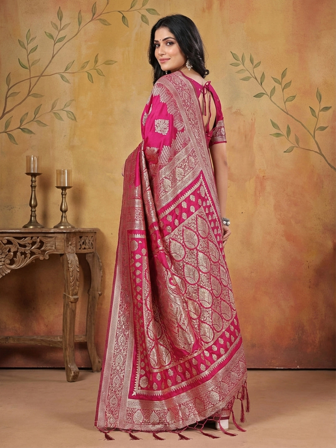 Sutriti Rani Pink Zari Woven Saree with Rich Border & Heavy Pallu | Wedding & Party Wear