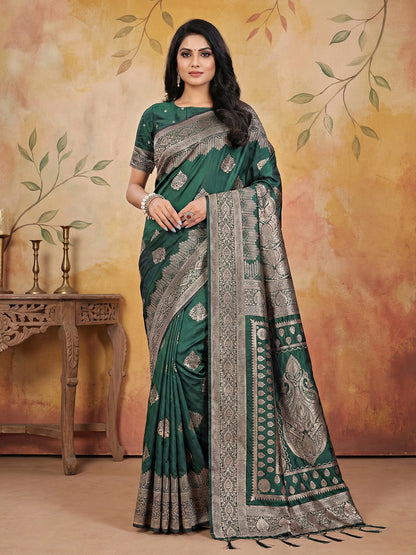 Sutriti Bottle Green Zari Woven Saree with Rich Border & Heavy Pallu | Traditional Festive Wear