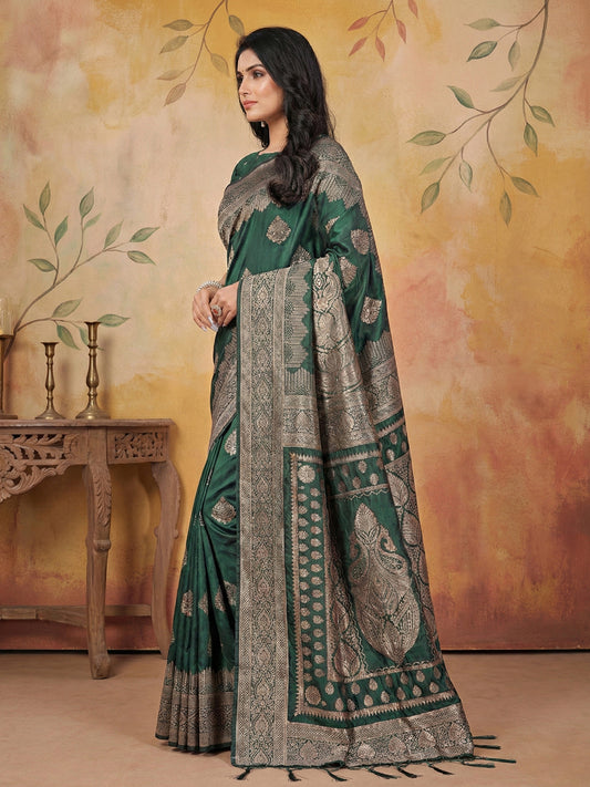 Sutriti Bottle Green Zari Woven Saree with Rich Border & Heavy Pallu | Traditional Festive Wear