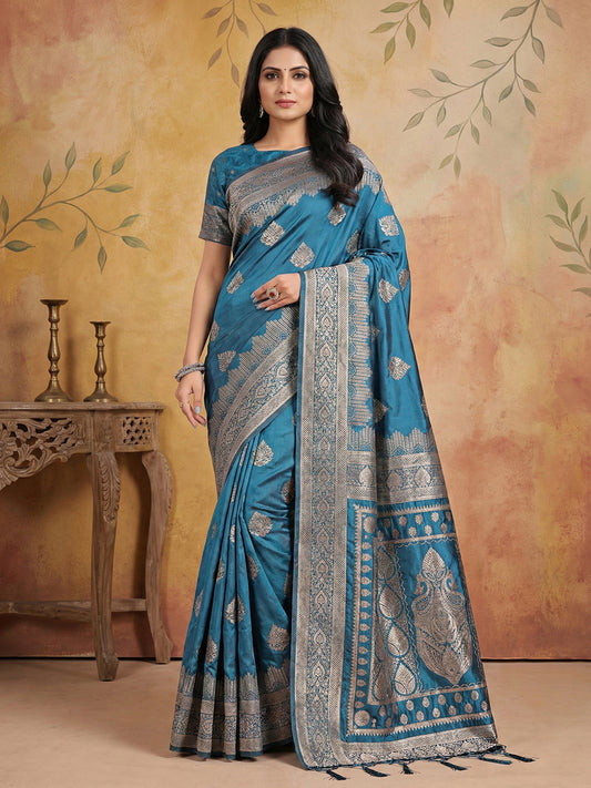 Sutriti Teal Blue Zari Woven Saree with Rich Border & Heavy Pallu | Party & Festive Wear