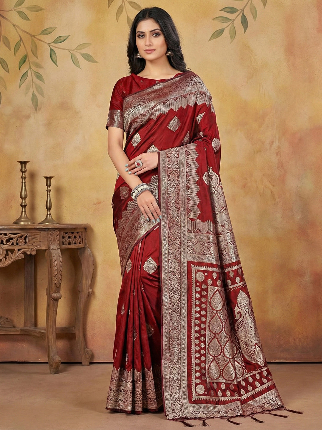 Sutriti Maroon Zari Woven Saree with Rich Border & Heavy Pallu | Wedding & Festive Wear