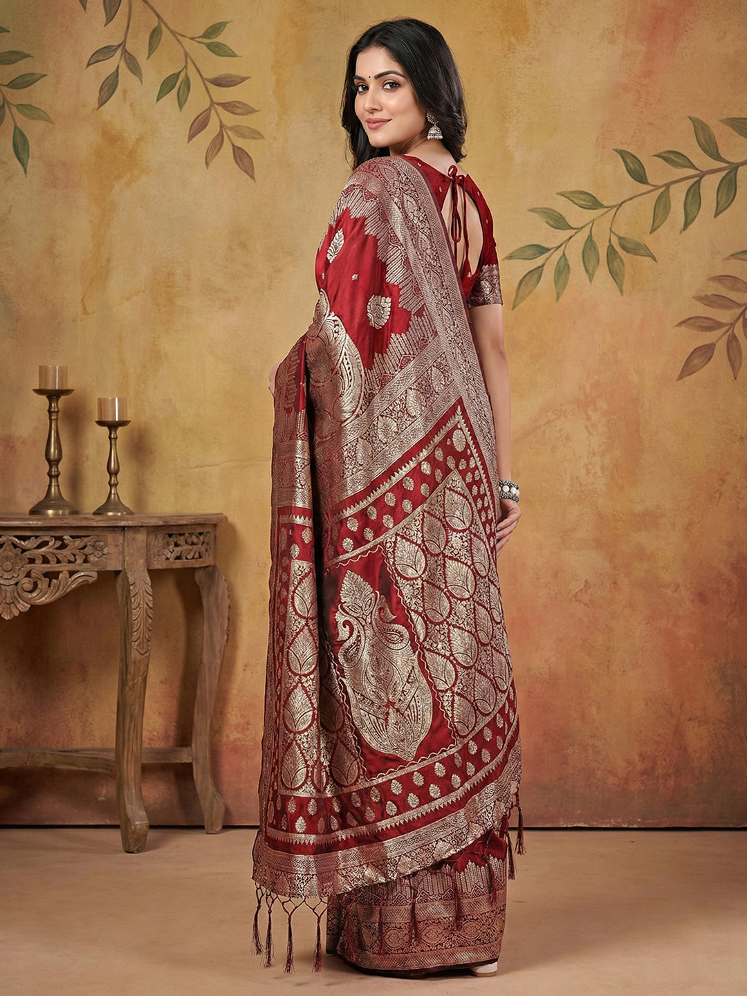 Sutriti Maroon Zari Woven Saree with Rich Border & Heavy Pallu | Wedding & Festive Wear