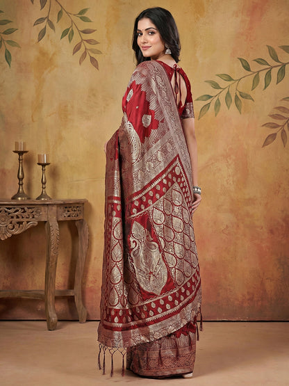 Sutriti Maroon Zari Woven Saree with Rich Border & Heavy Pallu | Wedding & Festive Wear