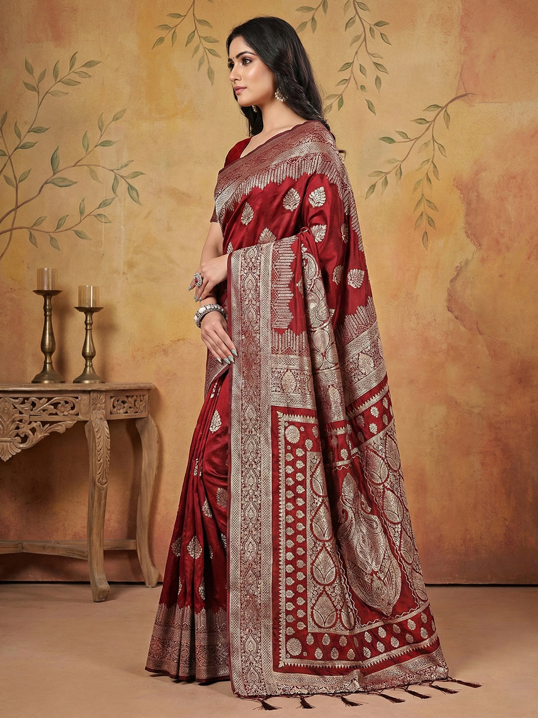 Sutriti Maroon Zari Woven Saree with Rich Border & Heavy Pallu | Wedding & Festive Wear