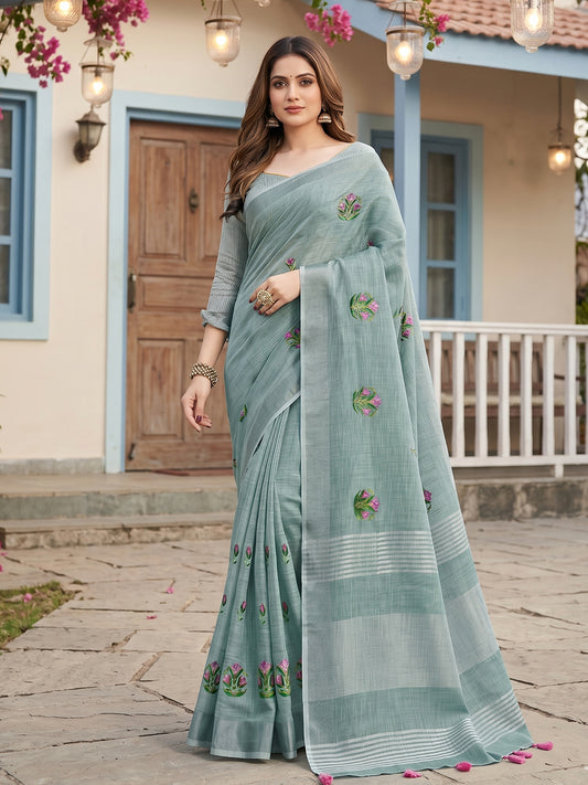 Sutriti Women Sea Green Linen Saree with Floral Embroidery Border & Tassels