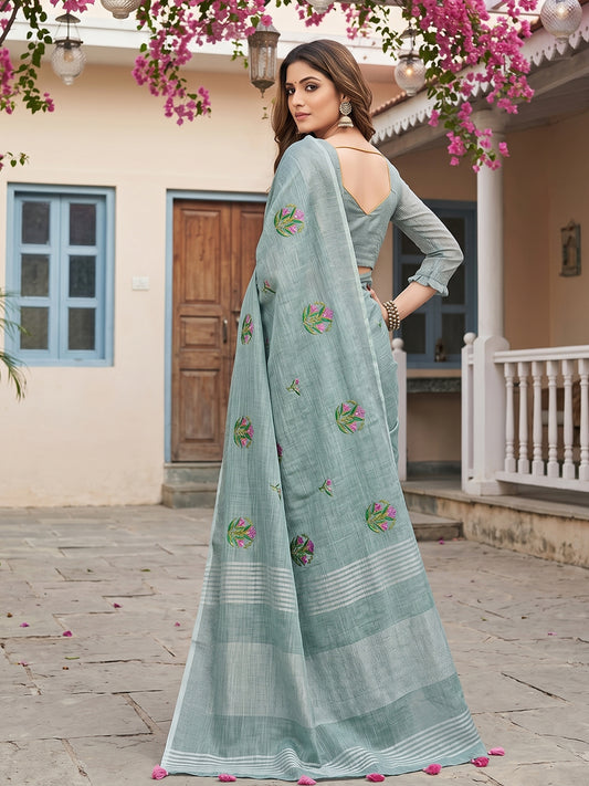 Sutriti Women Sea Green Linen Saree with Floral Embroidery Border & Tassels