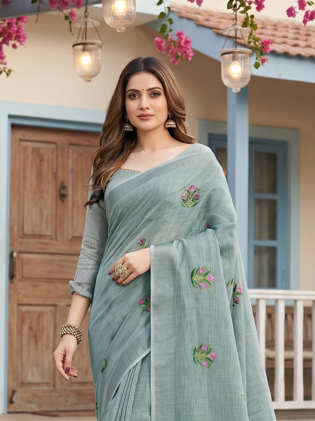 Sutriti Women Sea Green Linen Saree with Floral Embroidery Border & Tassels