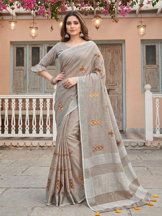 Sutriti Women Brown Linen Saree with Floral Embroidery Border & Tassels