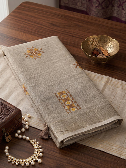 Sutriti Women Brown Linen Saree with Floral Embroidery Border & Tassels