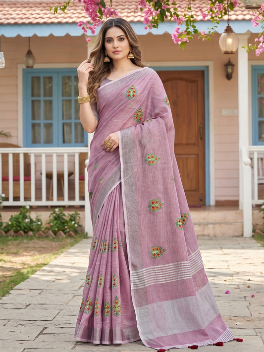 Sutriti Women Blue Linen Saree with Floral Embroidery Border & Tassels