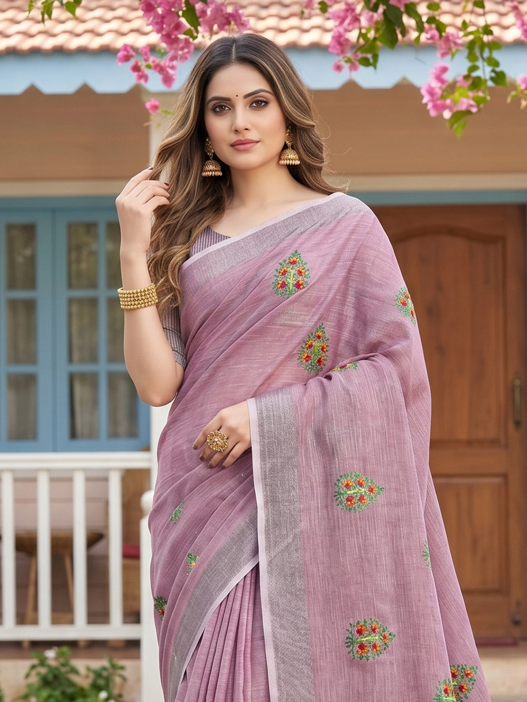 Sutriti Women Blue Linen Saree with Floral Embroidery Border & Tassels