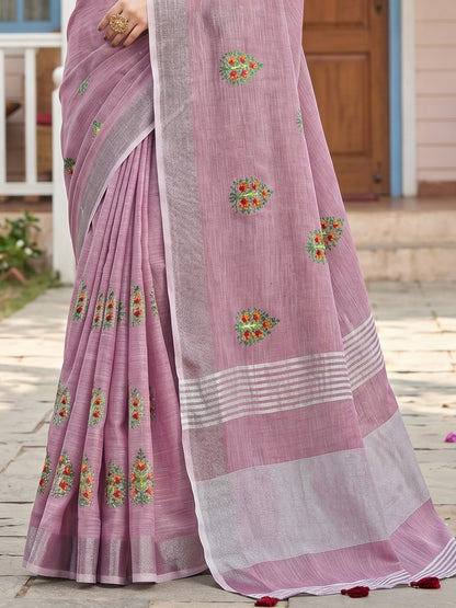 Sutriti Women Blue Linen Saree with Floral Embroidery Border & Tassels