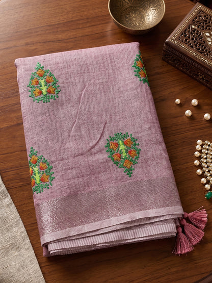 Sutriti Women Blue Linen Saree with Floral Embroidery Border & Tassels