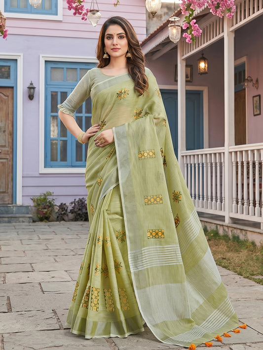 Sutriti Women Light Green Linen Saree with Floral Embroidery Border & Tassels