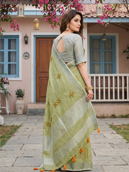 Sutriti Women Light Green Linen Saree with Floral Embroidery Border & Tassels