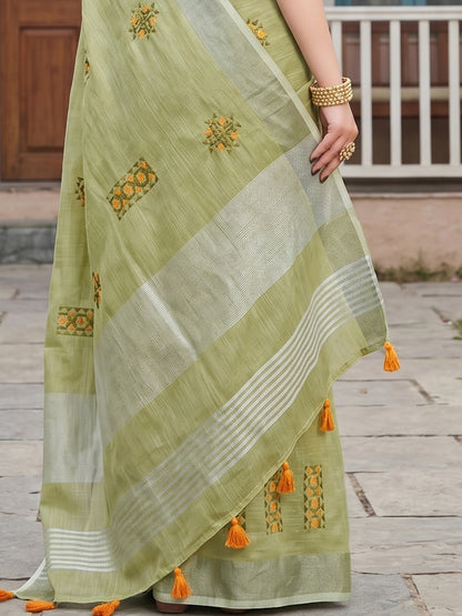 Sutriti Women Light Green Linen Saree with Floral Embroidery Border & Tassels