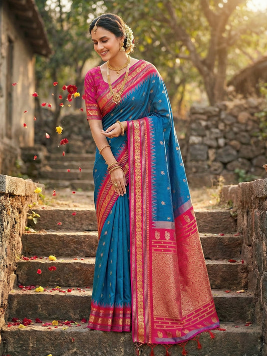 Sutriti Graceful Blue Banarasi Silk Saree with Golden Zari Woven Border & Floral Jaal – Wedding & Festive Wear