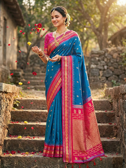 Sutriti Graceful Blue Banarasi Silk Saree with Golden Zari Woven Border & Floral Jaal – Wedding & Festive Wear