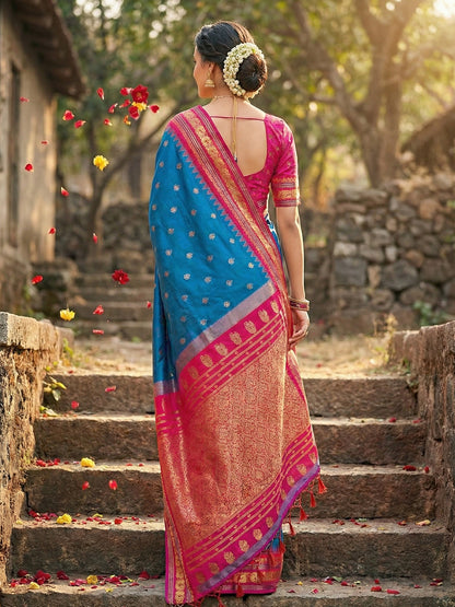 Sutriti Graceful Blue Banarasi Silk Saree with Golden Zari Woven Border & Floral Jaal – Wedding & Festive Wear