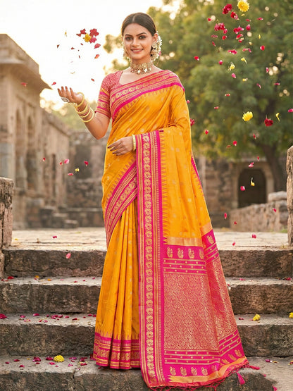 Sutriti Graceful Yellow Banarasi Silk Saree with Golden Zari Woven Border & Floral Jaal – Wedding & Festive Wear