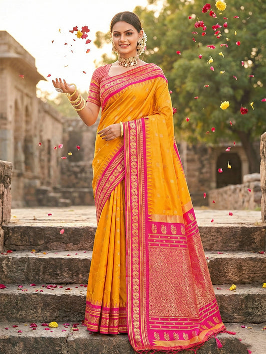 Sutriti Graceful Yellow Banarasi Silk Saree with Golden Zari Woven Border & Floral Jaal – Wedding & Festive Wear