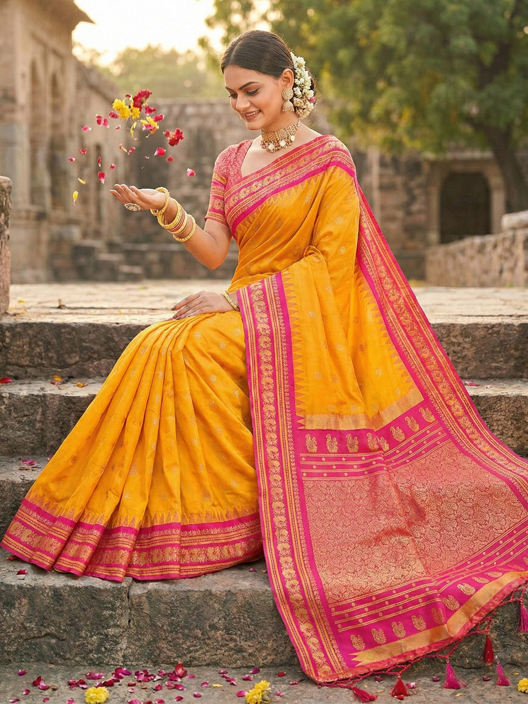 Sutriti Graceful Yellow Banarasi Silk Saree with Golden Zari Woven Border & Floral Jaal – Wedding & Festive Wear