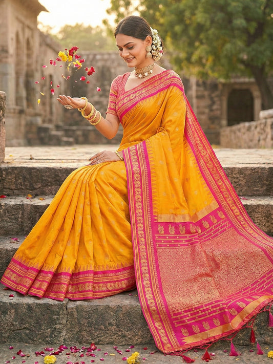 Sutriti Graceful Yellow Banarasi Silk Saree with Golden Zari Woven Border & Floral Jaal – Wedding & Festive Wear