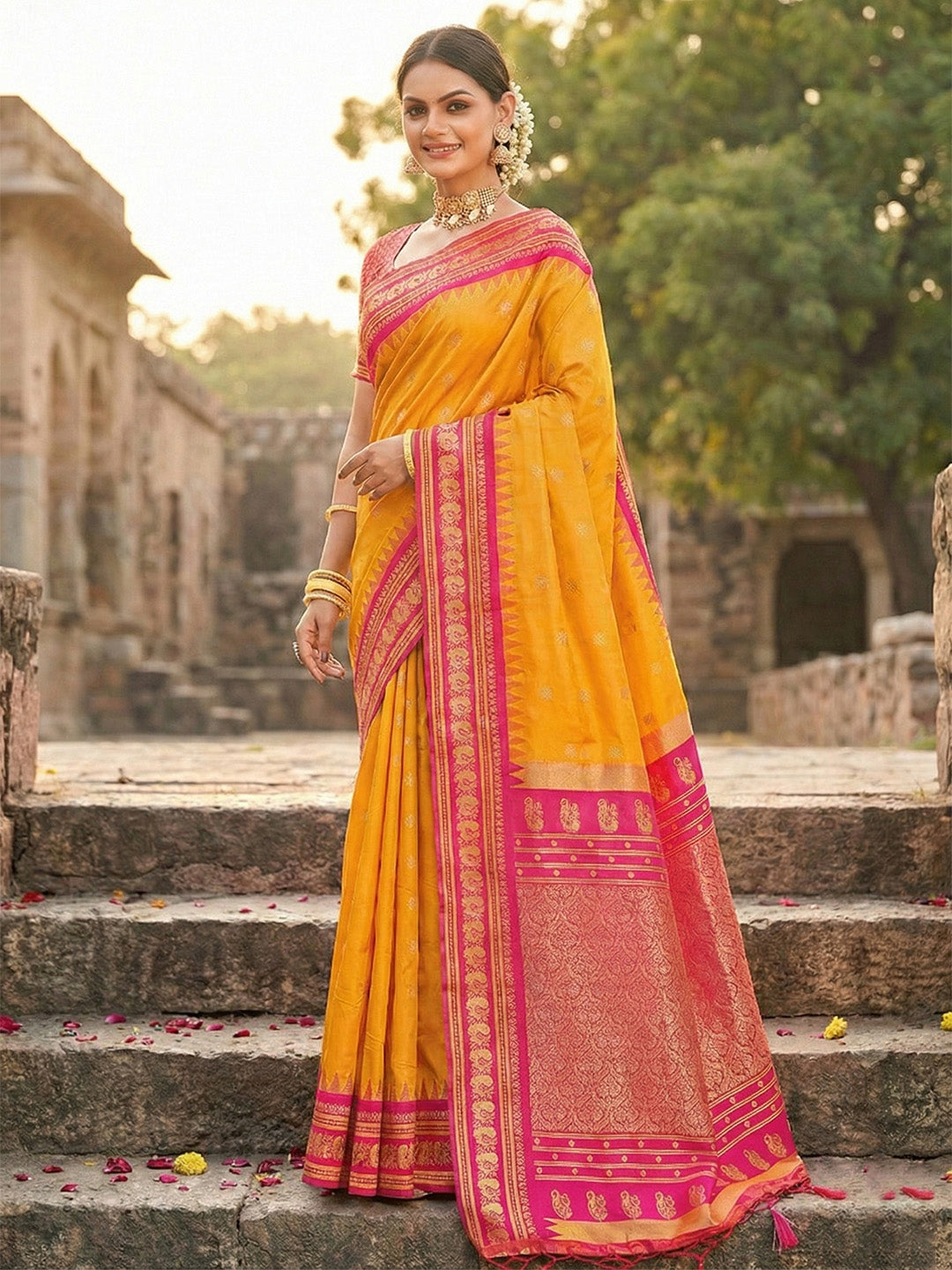 Sutriti Graceful Yellow Banarasi Silk Saree with Golden Zari Woven Border & Floral Jaal – Wedding & Festive Wear