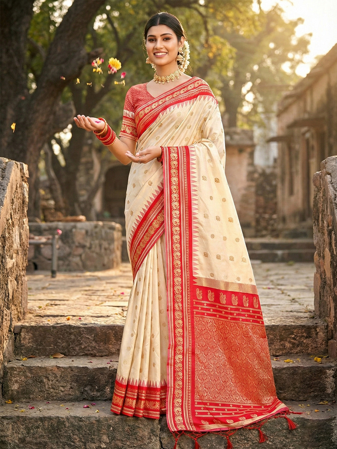 Sutriti Graceful Cream Banarasi Silk Saree with Golden Zari Woven Border & Floral Jaal – Wedding & Festive Wear