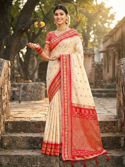 Sutriti Graceful Cream Banarasi Silk Saree with Golden Zari Woven Border & Floral Jaal – Wedding & Festive Wear