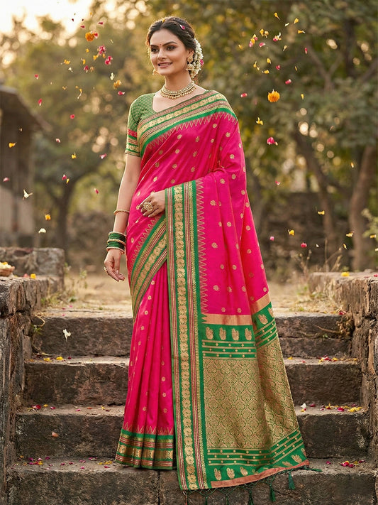 Sutriti Graceful Pink Banarasi Silk Saree with Golden Zari Woven Border & Floral Jaal – Wedding & Festive Wear