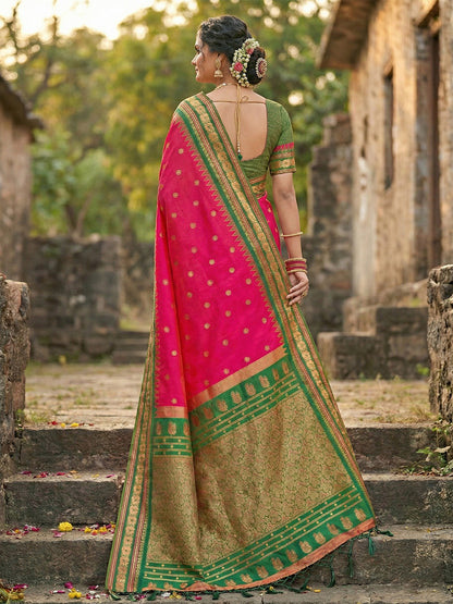 Sutriti Graceful Pink Banarasi Silk Saree with Golden Zari Woven Border & Floral Jaal – Wedding & Festive Wear