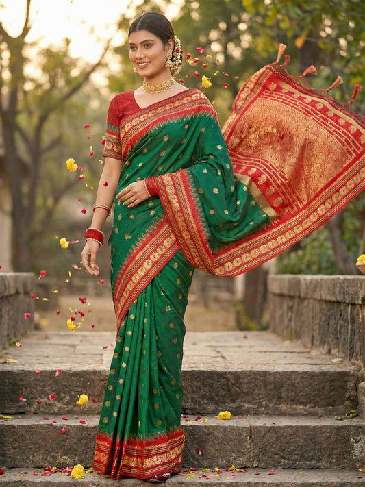 Sutriti Graceful Green Banarasi Silk Saree with Golden Zari Woven Border & Floral Jaal – Wedding & Festive Wear
